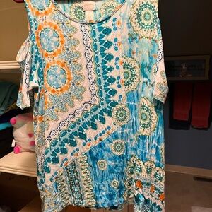 Chico's Blue orange and Green cold shoulder Women's Top size 2